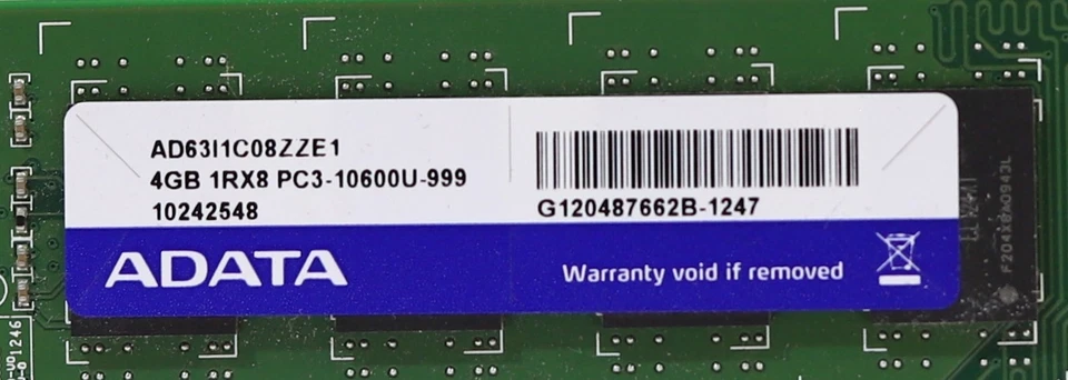 ADATA 4GB 1RX8 PC3-10600U-999 Non ECC Unbuffered Desktop RAM P/N: AD63I1C08ZZE1 - Image 2 of 2