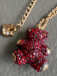 Authentic SWAROVSKI crystal teddy bear pendant & necklace red crystal pave gold plated