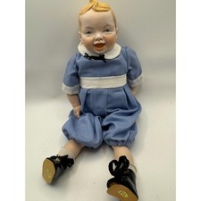 Vintage Porcelain Baby Doll Blue Romper White Collar Black Shoes Collectible