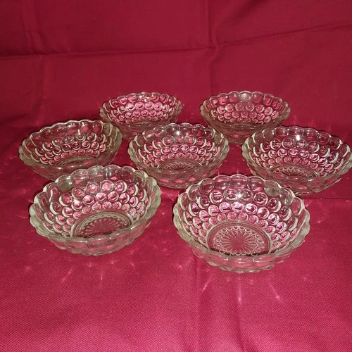 Set of 7 Vintage ANCHOR HOCKING Clear Bubble Pattern 4" Dessert Berry Bowls