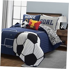 Soccer Game Reversible Oversized Kids 5 Piece Quilt Set Full/Queen Navy  Gray