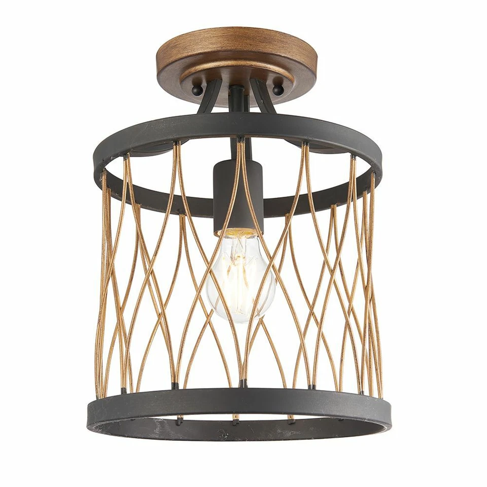 ENDON LIGHTING ENDON Heston 60W E27 Semi Flush Ceiling Light Matt Black & Rustic Bronze 61497