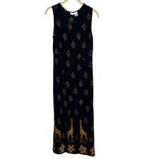 Vintage Betsy Lauren Maxi Dress Size 16P Black Giraffe Jungle Sleeveless Crinkle