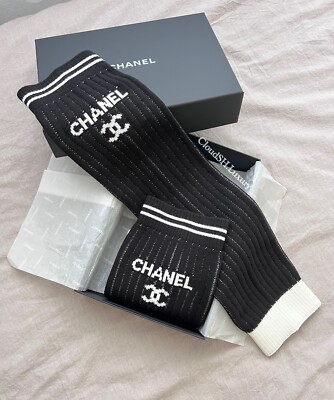 Auth BNIB Chanel 24C Black Classic CC Logo Leg Warmers