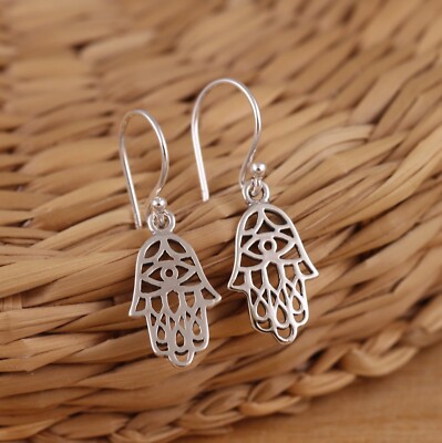 Solid 925 Sterling Silver Hamsa Hand of Fatima Dangle/Drop