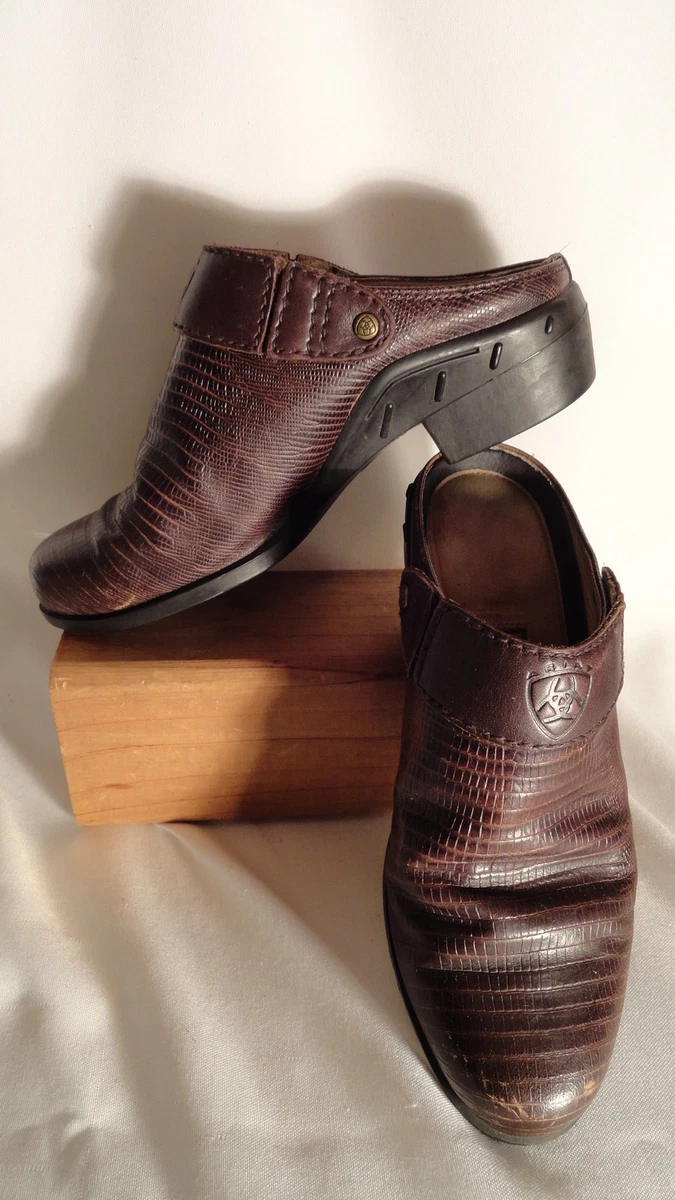 Ariat Brown Leather Faux Snake Skin Slip On Mules Heels Womens
