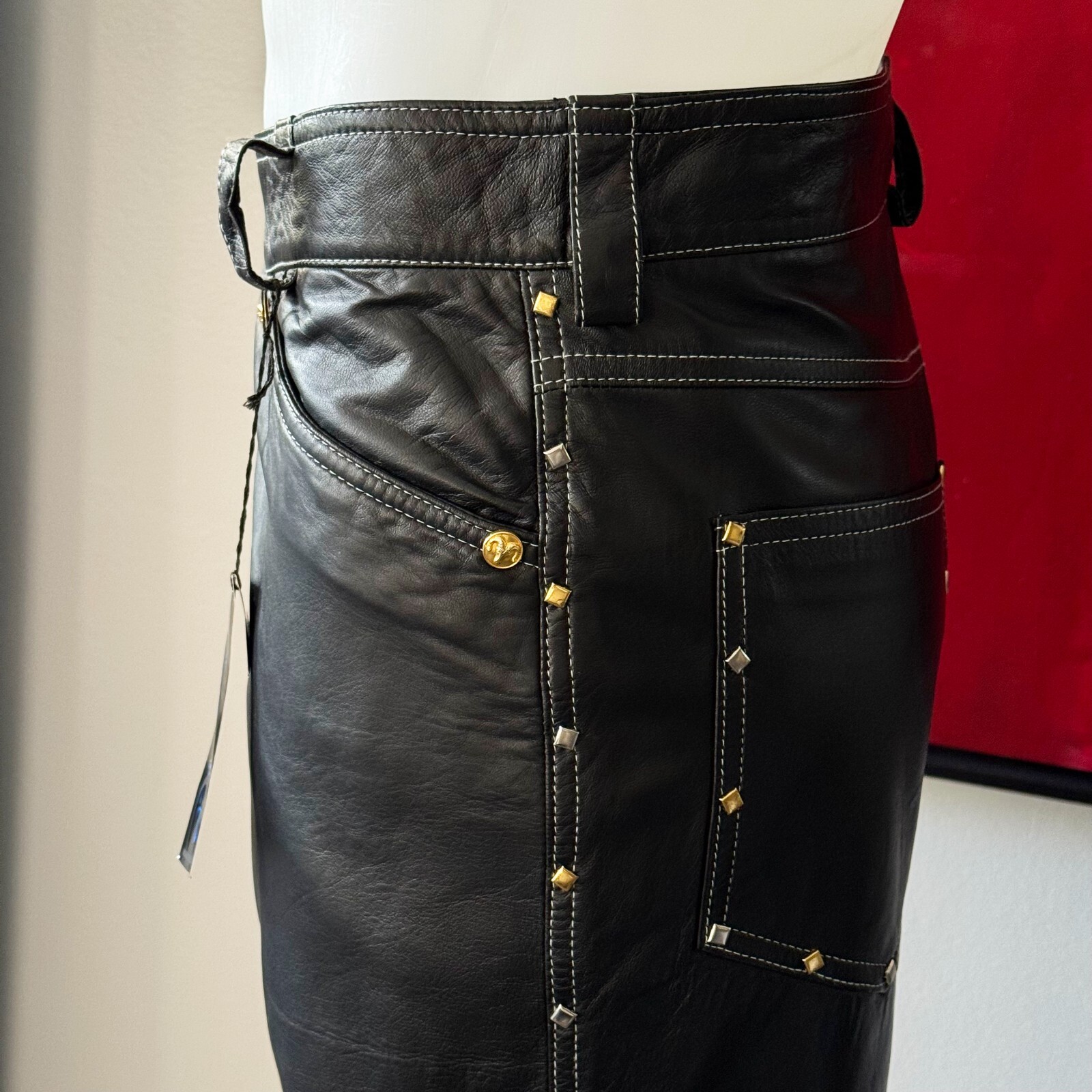 GIANNI VERSACE ISTANTE leather gold/silver tone studded jeans size 54 from 1993 image 7