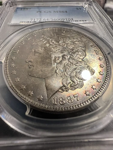 1887 $1 Silver Morgan Dollar. Beautiful & Unique Sunset Toning, PCGS Graded MS64