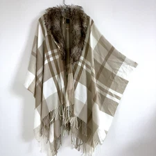 MIXIT One Size Faux Fur Collar Shawl Wrap Cape Poncho Neutral Cozy Fringe OSFM I