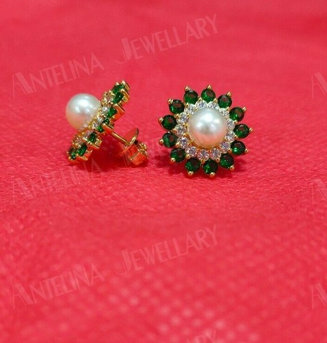 4.00Ct White Pearl with Emerald Halo Flower Stud Earrings 14k Yellow Gold Over - Picture 4 of 9
