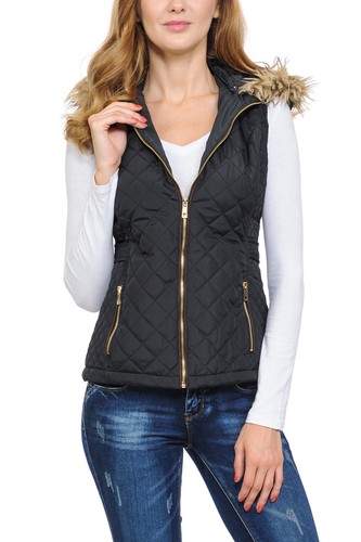 Chaleco acolchado ligero con capucha de piel con cremallera para mujer Auliné Collection - Imagen 13 de 109