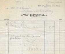1923 Invoice, West End Garage, Bath, New York, R.E. Wedge, Proprietor