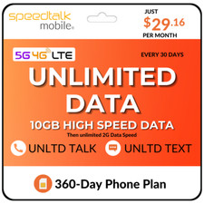 SpeedTalk SIM Card Unlimited Data Prepaid Simcard Smart Phone Plan 29.16/Mo