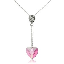 Sterling Silver Pink Heart Drop Necklace Adorned with European Crystals
