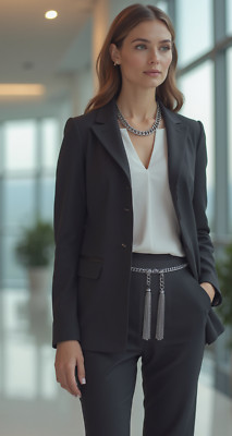 Women Silver Metal Chain Link Belt Long Tassel Fringes Front Side Charm M L XL
