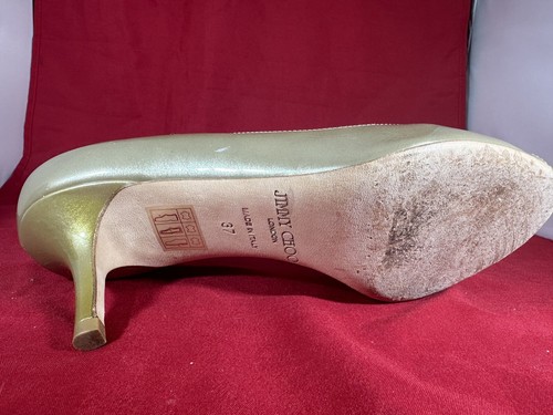JIMMY CHOO Gold Isabel Kitten Heel Peep Toe Patent Leather Pumps Size 37 - Picture 13 of 13