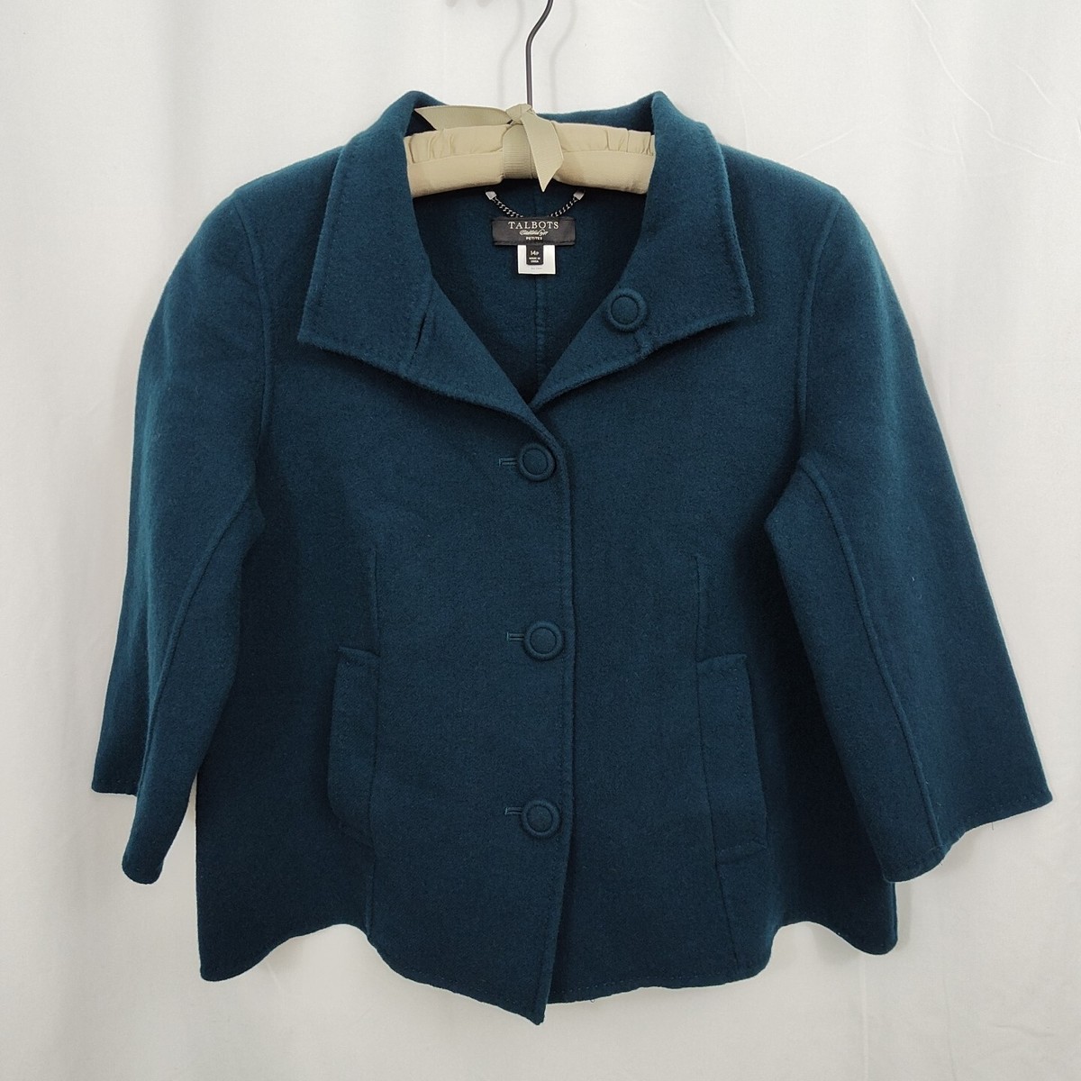 Talbot's Boiled Felted Wool Coat Jacket Women's size 14 Petite Teal Blue