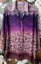Susan Graver XLP Floral Purple Sheer Button Front Long Sleeve Shirt