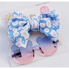 Bow and Sunglasses Set, 0-3 years old, Blue and White Floral