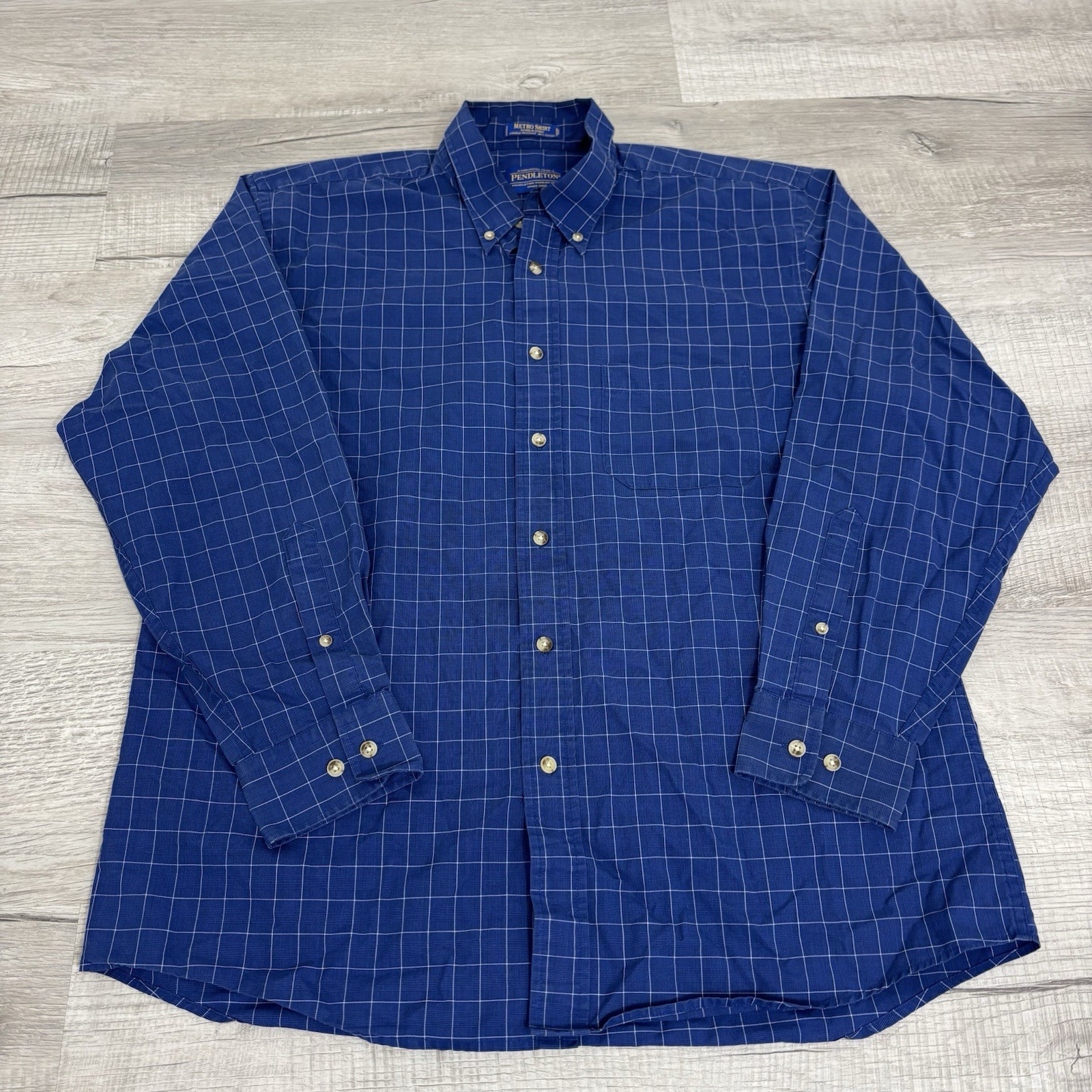 Pendleton Blue Window Pane Plaid Long Sleeve Metro Button Up Mens Large