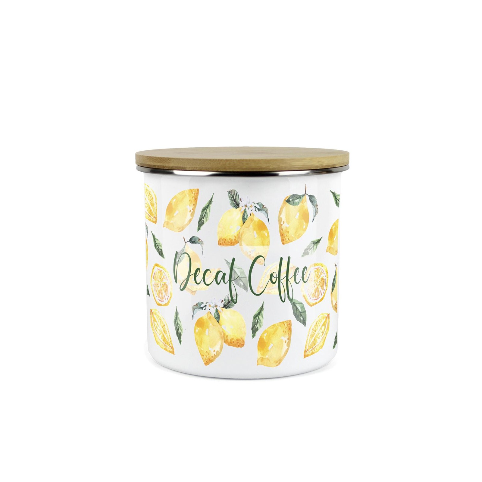 Lemons Decaf Coffee Canister - Vibrant Citrus Fruits Enamel Kitchen Storage Gift