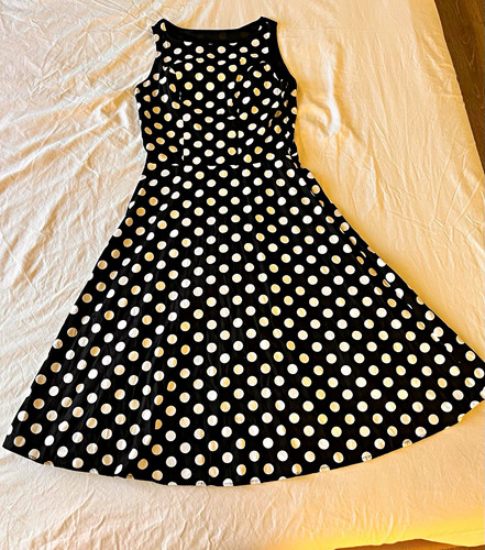 Women's L Black/White Polka Dot Knit Fit & Flare Knee Dress, Sleeveless size S