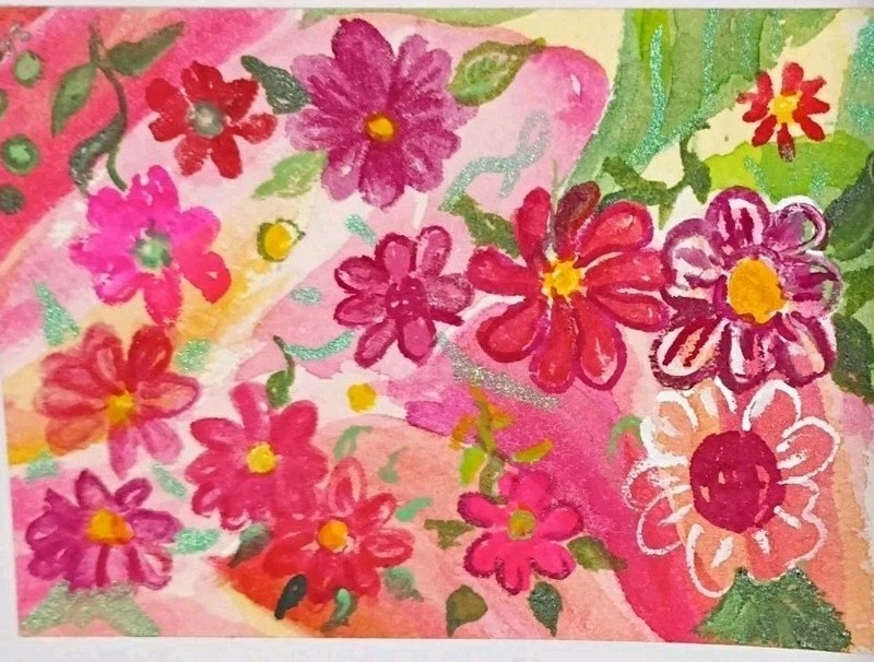 Ditsy Floral ACEO Original Fun Pink, Red  Watercolor Painting, Sharon Foster