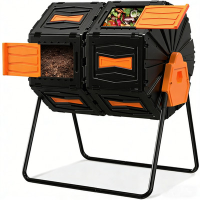 Mutaomay Outdoor Compost Bin 45Gal Dual Chamber 360° Rotation Tumbler Bin Orange