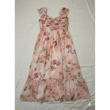 AZAZIE Peach Floral Print Ruched Chiffon Maxi Dress Flutter Sleeves Sz 16A