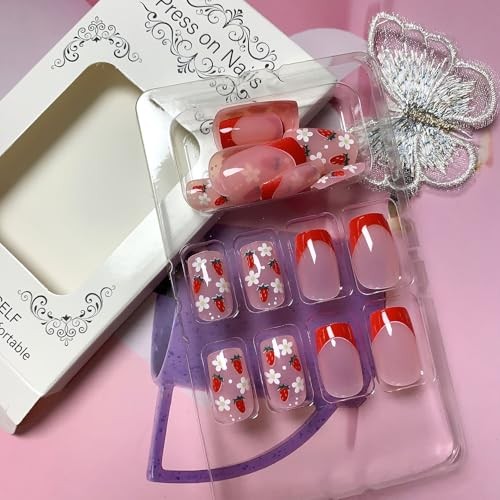 Red French Press on Nails Short Acrylic Nails Square Fake Nails with 