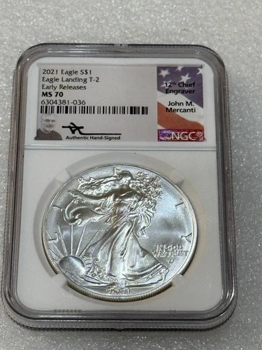 2021 SILVER EAGLE TYPE 2 NGC MS 70 EARLY RELEASES ~ MERCANTI SIGNED LABEL