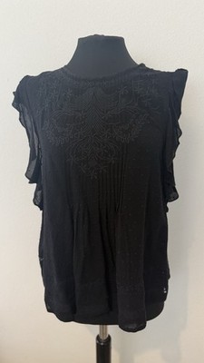 B.basic Elegante schwarze Bluse mit Stickerei & Rüschen Boho Chic Gr. S Damen