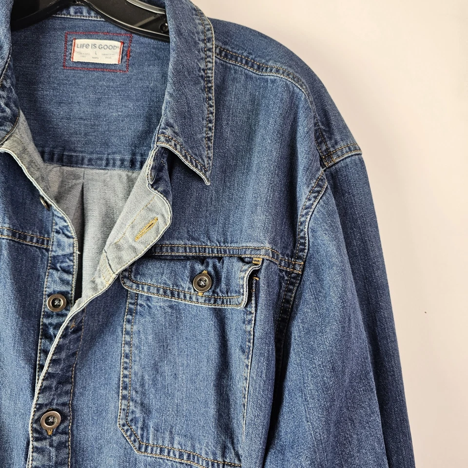 Camisa Life is Good LS L Azul Botón Denim Negocios Informal Logo Occidental Para Hombres Foto 3 de 4