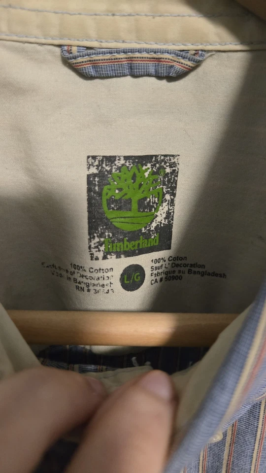 Camisa Timberland Para Hombre L Abotonada Azul Amarillo Rayas 100% Algodón De Colección Años 90 Y2k Foto 2 de 4