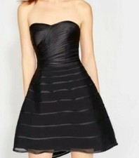 Halston Heritage Strapless Striped Dress Hi Low Dramatic Skirt Black Size 0