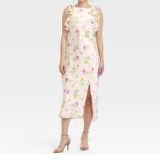 A New Day Floral Ruffle Sleeve Midi Dress Cream Pink Sz Small Sleeveless Slit