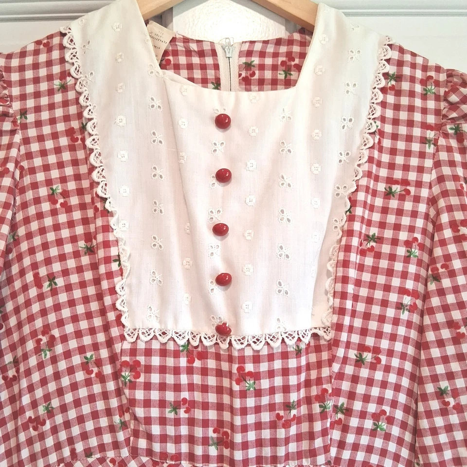 Vintage Red Gingham Cherry Embroidered Maxi Dress Juniors Sz 9 Prairie Cottage - Image 2 of 4