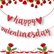 Glitter Happy Valentines Day Banner, Pre-Assemble Valentines Day Banners Red