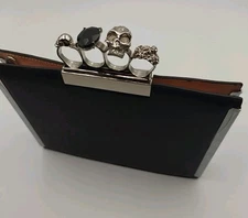 Black Leather Jeweled Skull Knuckle Clutch