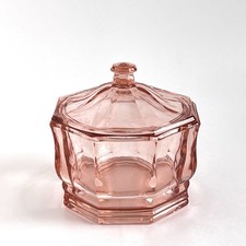 Octagonal Pink Depression Glass Candy Dish W/Lid Beautiful Art Deco MCM