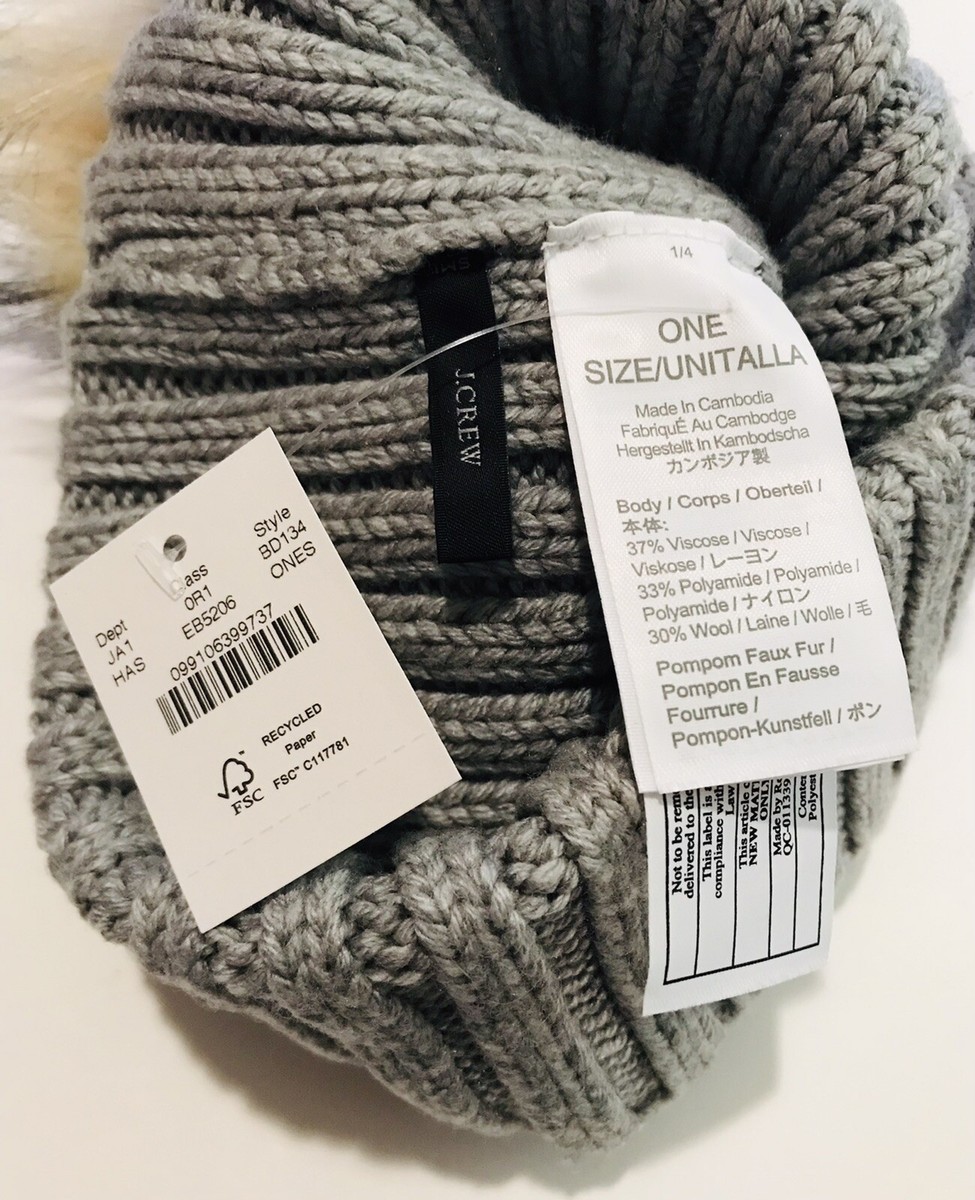 J Crew Womens Heather Ash Wool Blend Ribbed Beanie With Faux  display picture 1