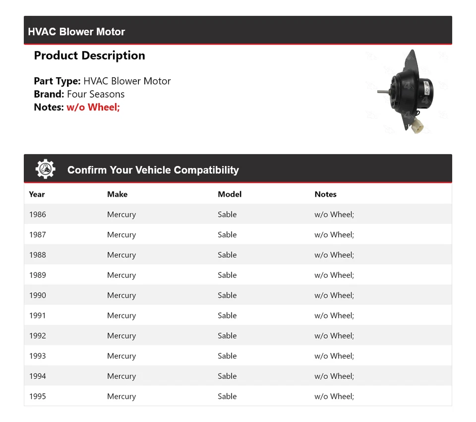 Motor de soprador AVAC Mercury Sable 1986-1995 4 estações 1987 1988 1989 1990 1991 - Imagem 2 de 4