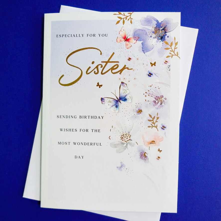 Especially For You Sister Birthday Card 9""x6"" Floral Butterflies Lilac Pink Nice