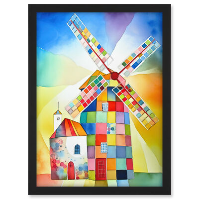 Abstraktes Patchwork Windmühle Alt Amsterdam Volkskunst Gerahmtes Kunst Bild Druck A3