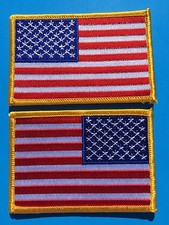 SET OF 2 - AMERICAN USA FLAG EMBROIDERED PATCH LEFT RIGHT GOLD BORDER 3  x 2   
