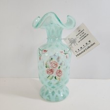 Fenton Diamond Optic Blush Rose Trellis Opaline Pinch Vase Painted By L Emerson