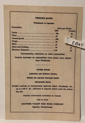 1934 LIGONIER VALLEY RAILROAD PA. RARE FREIGHT RATES PER 100 POUNDS SCHEDULE ++