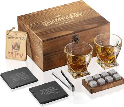 Whiskey Gift Set, Whiskey Glass Set with Rustic Wooden Crate