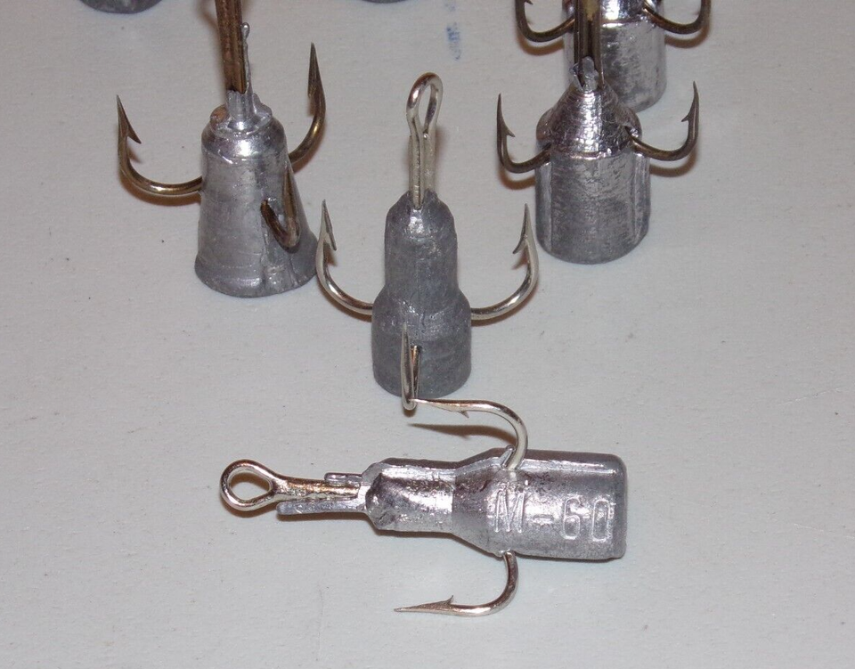 Lot (8) Large Ring Eye M60 Snag Weighted Treble Hooks, Salmon Fishing