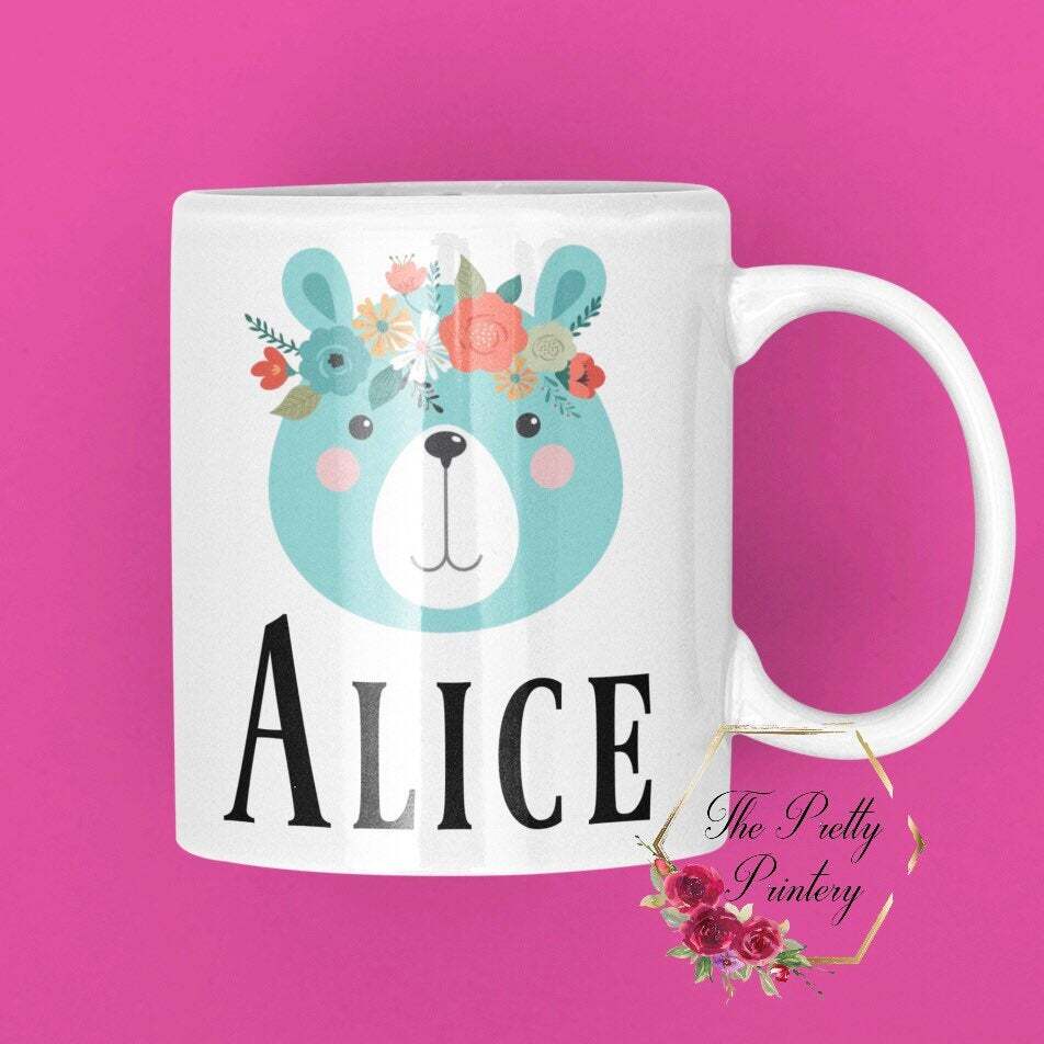 Custom Mug Own Name Cute Bear Personalised Gift For Her Pretty Animal Flower